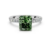 Solitaire Engagement Ring Setting for Fancy Green Radiant Cut Center with Round Cut Pave Band and Prong Head in White Gold