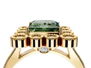 Cluster Halo Engagement Ring Setting for Fancy Green Princess Cut Center with Milgrain Bezel Accents and Prong Head in Yellow Gold