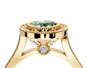 Halo Engagement Ring Setting for Fancy Green Oval Center with Milgrain Frame, Pave Band and Prong Head in Yellow Gold