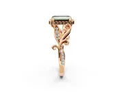 Halo Engagement Ring Setting for Fancy Green Emerald Cut Center with Leaf Motif Split Shank and Prong Head in Rose Gold