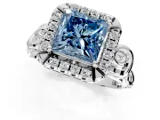 Halo Engagement Ring Setting for Fancy Blue Princess Cut Center with Open Scroll Shoulders and Prong Head in White Gold