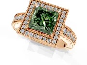Milgrain Halo Engagement Ring Setting for Fancy Green Princess Cut Center with Pave Band and Prong Head in Rose Gold