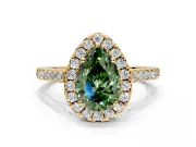 Halo Engagement Ring Setting for Fancy Green Pear-Shaped Center with Narrowing Pave Band and Prong Head in Yellow Gold