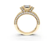 Pave Engagement Ring Setting for Emerald Cut Center with Curved Accent Rows, Openwork and Prong Head in Yellow Gold