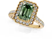 Milgrain Floral Halo Engagement Ring Setting for Fancy Green Emerald Cut Center with Pave Band and Prong Head in Yellow Gold