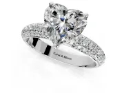 Solitaire Engagement Ring Setting for Heart-Shaped Center with Domed Multi-Row Pave Band and Prong Head in Platinum