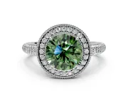 Milgrain Halo Engagement Ring Setting for Fancy Green Round Cut Center with Three-Sided Pave Band and Prong Head in White Gold