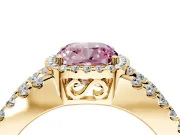 Halo Engagement Ring Setting for Fancy Pink Cushion Cut Center with Wide-Open Pave Split Shank and Prong Head in Yellow Gold