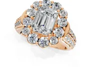 Large Accent Halo Engagement Ring Setting for Emerald Cut Center with Pave Split Shank and Prong Head in Rose Gold