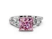 Leaf Motif Engagement Ring Setting for Fancy Pink Princess Cut Center with Pave Band and Prong Head in White Gold