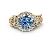Milgrain Halo Engagement Ring Setting for Fancy Blue Round Cut Center with Shoulder Bezels and Prong Head in Yellow Gold