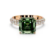 Solitaire Engagement Ring Setting for Fancy Green Asscher Cut Center with Domed Multi-Row Pave Band and Prong Head in Rose Gold