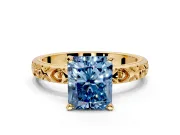 Solitaire Engagement Ring Setting for Fancy Blue Radiant Cut Center with XO Engraved Band and Prong Head in Yellow Gold
