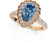 Milgrain Floral Halo Engagement Ring Setting for Fancy Blue Pear-Shaped Center with Pave Band and Prong Head in Rose Gold