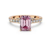 Solitaire Engagement Ring Setting for Fancy Pink Emerald Cut Center with Round Cut Pave Band and Prong Head in Rose Gold