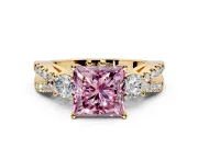 3 Stone Engagement Ring Setting for Fancy Pink Princess Cut Center with Pave Split Shank and Prong Head in Yellow Gold