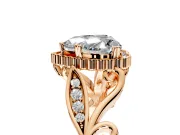 Halo Engagement Ring Setting for Heart-Shaped Center with Leaf Motif Split Shank and Prong Head in Rose Gold