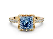 Floral Engagement Ring Setting for Fancy Blue Cushion Cut Center with Pave Band and Floral Prong Head in Yellow Gold