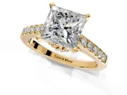 Solitaire Engagement Ring Setting for Princess Cut Center with Crossover Accents and Prong Head in Yellow Gold