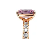 Solitaire Engagement Ring Setting for Fancy Pink Emerald Cut Center with Round Cut Pave Band and Prong Head in Rose Gold
