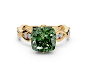 Solitaire Engagement Ring Setting for Fancy Green Cushion Cut Center with Accented Twist Band and Leaf Prong Head in Yellow Gold
