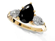 3 Stone Engagement Ring Setting for Fancy Black Pear-Shaped Center with Large Pear-Shaped Accents and Prong Head in Yellow Gold