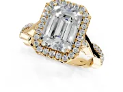 Halo Engagement Ring Setting for Emerald Cut Center with Twist Band and Prong Head in Yellow Gold