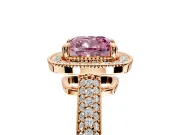 Milgrain Halo Engagement Ring Setting for Fancy Pink Cushion Cut Center with Three-Sided Pave Band and Prong Head in Rose Gold