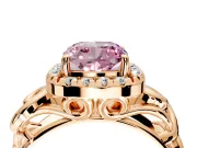 Halo Engagement Ring Setting for Fancy Pink Cushion Cut Center with Open Scroll Shoulders and Prong Head in Rose Gold