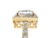 Halo Engagement Ring Setting for Princess Cut Center with Heart-Shaped Openwork, Pave Band and Prong Head in Yellow Gold