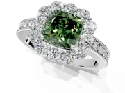 Halo Engagement Ring Setting for Fancy Green Cushion Cut Center with Milgrain Channel Band and Prong Head in Platinum