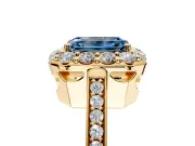Floral Halo Engagement Ring Setting for Fancy Blue Emerald Cut Center with Large Halo Accents and Prong Head in Yellow Gold