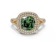 Double Halo Engagement Ring Setting for Fancy Green Cushion Cut Center with Narrow Pave Split Shank and Prong Head in Yellow Gold