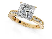 Solitaire Engagement Ring Setting for Princess Cut Center with Milgrain-Edged Pave Band and Prong Head in Yellow Gold