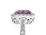 Halo Engagement Ring Setting for Fancy Pink Emerald Cut Center with Heart-Shaped Openwork, Pave Band and Prong Head in Platinum