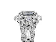 Halo Engagement Ring Setting for Emerald Cut Center with Two-Strand Split Shank and Prong Head in Platinum