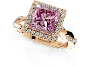 Halo Engagement Ring Setting for Fancy Pink Princess Cut Center with Pave and Plain Twist Band and Prong Head in Rose Gold
