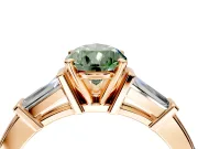 3 Stone Engagement Ring Setting for Fancy Green Pear-Shaped Center with Channel Baguette Accents and Prong Head in Rose Gold