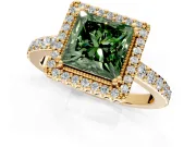 Halo Engagement Ring Setting for Fancy Green Princess Cut Center with Inner Milgrain Border and Prong Head in Yellow Gold
