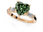 3 Stone Engagement Ring Setting for Fancy Green Heart-Shaped Center with Channel Baguette Accents and Prong Head in Rose Gold