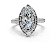 Milgrain Halo Engagement Ring Setting for Marquise Center with Three-Sided Pave Band and Prong Head in Platinum