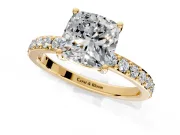 Solitaire Engagement Ring Setting for Cushion Cut Center with Round Cut Pave Band and Prong Head in Yellow Gold