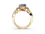 3 Stone Engagement Ring Setting for Fancy Blue Heart-Shaped Center with Pave Split Shank and Prong Head in Yellow Gold