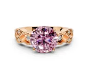 Leaf Engagement Ring Setting for Fancy Pink Round Cut Center with Milgrain Accent Band and Prong Head in Rose Gold
