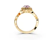 Halo Engagement Ring Setting for Fancy Pink Oval Center with Leaf Motif Split Shank and Prong Head in Yellow Gold