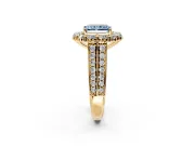 Large Accent Halo Engagement Ring Setting for Fancy Blue Radiant Cut Center with Pave Split Shank and Prong Head in Yellow Gold