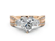 3 Stone Engagement Ring Setting for Heart-Shaped Center with Pave Twist Band and Prong Head in Rose Gold