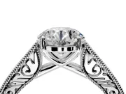 Solitaire Engagement Ring Setting for Round Cut Center with Engraved Pave Band and Prong Head in Sterling Silver