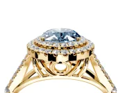 Double Halo Engagement Ring Setting for Fancy Blue Oval Center with Narrow Pave Split Shank and Prong Head in Yellow Gold
