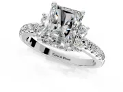 Paired Accent Engagement Ring Setting for Radiant Cut Center with Pave Band and Prong Head in White Gold